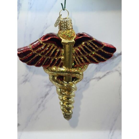 Old World Christmas Glass Tree Ornament Red Gold Medical Caduceus Doctor Nurse - Picture 1 of 3